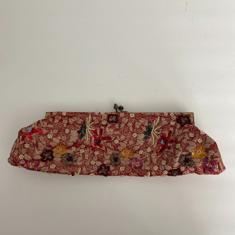 Vintage Beaded Evening Clutch • Red Lace & Gold Interior • 60s/70s